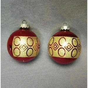 Vintage Rauch Red & Gold Glitter Mercury Glass 2.5" Ball Christmas Ornaments (2)